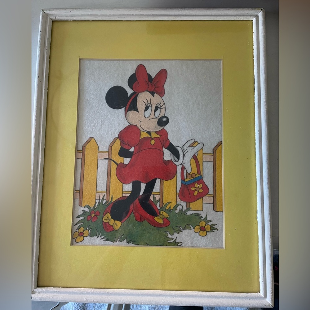 Vintage MICKEY & MINNIE MOUSE FELT Painting framed (2) 10x13